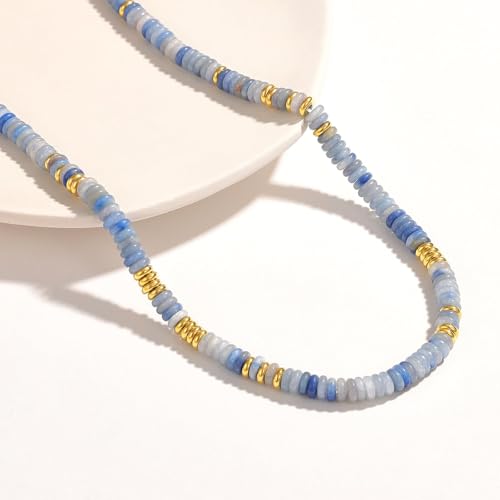 KissYan Boho Beaded Choker Necklace for Women, Gemstone Choker Natural Stone Freshwater Pearl Surfer Necklaces 14K Gold Plated Summer Beach Handmade Jewelry - color: T-Light Blue