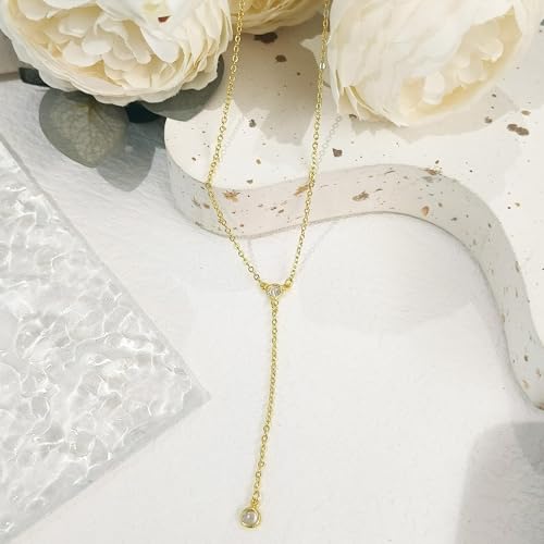LULII Gold Necklace for Women Trendy Lariat Y Necklace Dainty 14k Gold Plated/Silver Long Necklaces for Women Layered Beaded Drop Necklaces Simple Y-Shaped Chain Jewelry Gifts - color: Y CZ Necklace-Gold