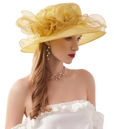 ORIDOOR Women’s Organza Church Tea Party Wedding Fascinator Derby Hat Wide Brim Sun Hats - color: D1-gold
