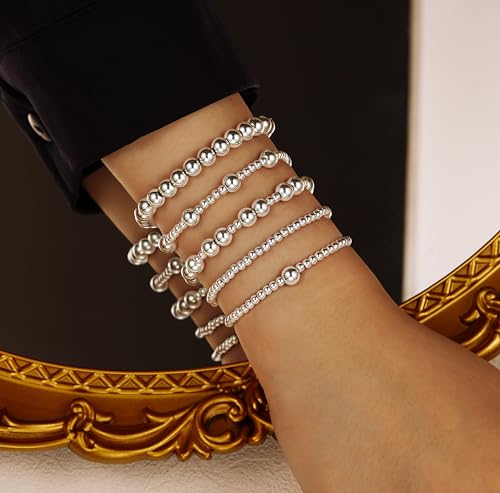 XIANNVXI 5PC Platinum Plated Silver Beaded Bracelet for Women Stretch Elastic Stackable Bead Ball Bracelet Trendy Set Women Dainty Jewelry - color: Silver B