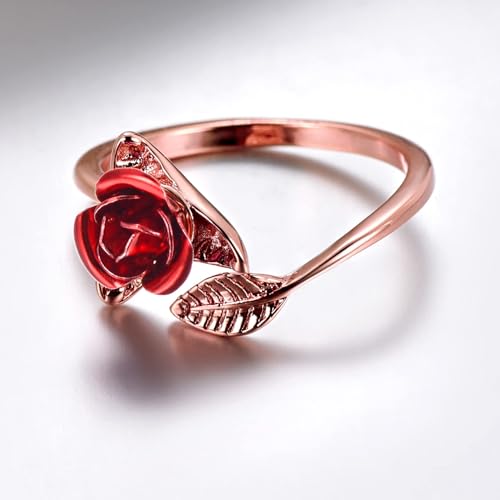 U7 Rose Flower Ring, Stackable Band Ring for Women Girls, Platinum Silver/Gold/Rose Gold Red Signet Rings Adjustable Fit Size 5 to 10 - color: Red Rose-Rose