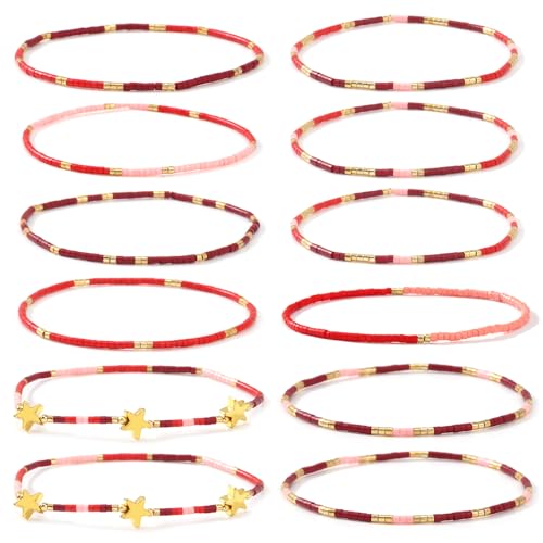 Dainty Gold Beaded Star Bracelets Stack for Women,Handmade Boho Colorful Beads Bracelet Fashion Prom Holiday Jewelry Gift Friendship Family - color: Red