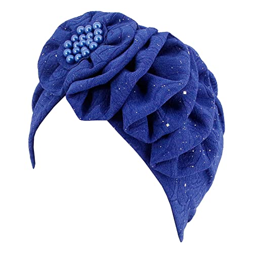 Erinaco Women Sparkle Sequin African Turban Bow Knot Pre-Tied Cap Pleated Ruffle Bonnet Beanie Hat Headwrap Skull Caps - color: Beaded Sapphire Blue