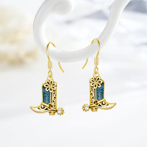 Western Earrings for Women 925 Sterling Silver Turquoise Western Country Dangle Drop Earrings Country Jewelry Gifts for Cowgirl Cowboy - style: Cowboy Boot-A Gold