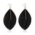 Minimalist Handmade Lightweight Large Soft Faux Leather Fringe Feather Dangle Drop Earrings Bohemian Huge Leaf Hook Earrings with Bar for Women - color: Black