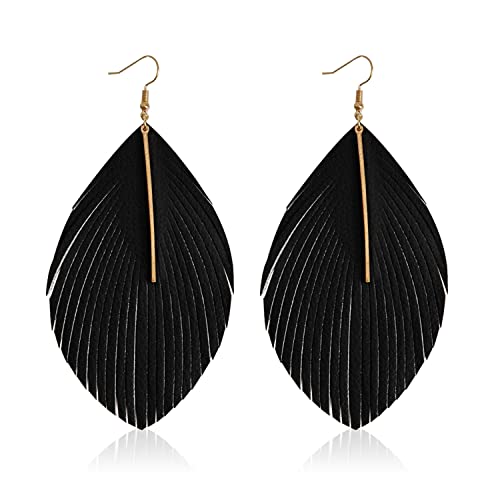Minimalist Handmade Lightweight Large Soft Faux Leather Fringe Feather Dangle Drop Earrings Bohemian Huge Leaf Hook Earrings with Bar for Women - color: Black