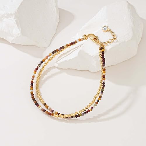 Fettero Beaded Bracelets for Women Charm Natural Stone Handmade Beads White Gold Plated Dainty Gold Bracelets Non Tarnish Boho Summer Beach Vacation Jewelry - color: Brown -Round
