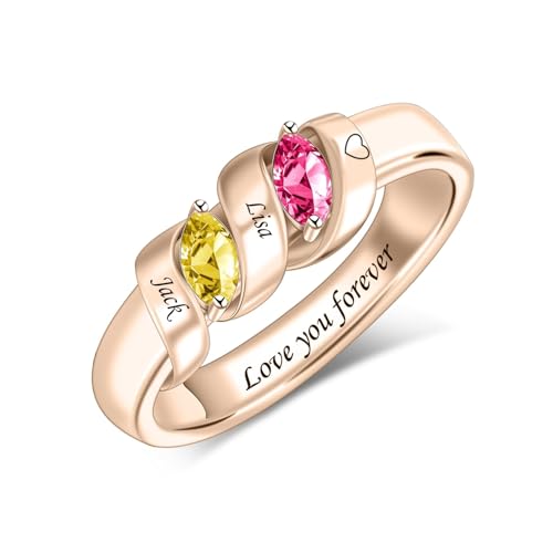 MissNaNa Mothers Ring With 1/2/3/4/5/6 Birthstones Personalized Engraved Name Rings for Women Stacking Birthstone Ring for Mom Grandma Daughter Wife Birthday Christmas Gift - color: 2 Birthstones