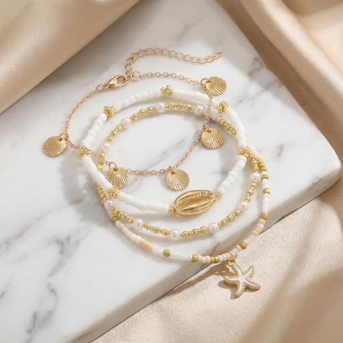 Boho Beads Beach Layered Anklet Set for Women, Handmade Gold Starfish Pearl Shell Anklets Summer Ocean Accessories Jewelry Gift - color: Shell