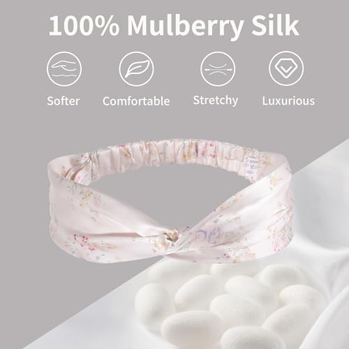 ZLYC Mulberry Silk Headband Elastic Twist Knotted Head Bands for Women's Hair, Floral Light Pink - color: Floral Light Pink