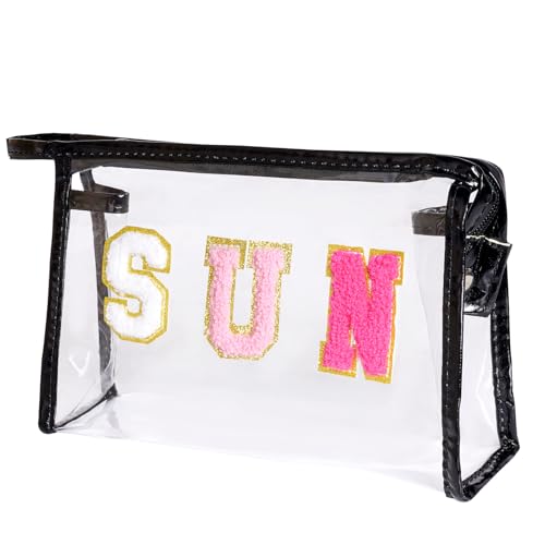 Preppy Patch Makeup Bag, Sun Chenille Letter Bag for Beach, Pouch with Zipper, Travel Bags Clear Cosmetic Toiletry Bag for Women Girls Teens (Black) - color: Black