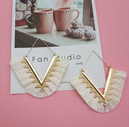 Tassel Hoop Earring Statement Thread Dangle Earrings Stylish Long Fringe Drop Earrings Lightweight Long Swingy French Hook Earrings for Women - color: A White