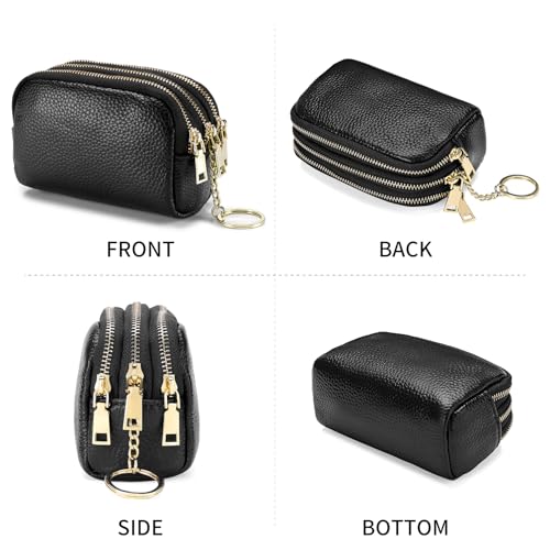 SENDEFN Small Coin Purse Leather 3 Zippered Change Pouch Wallet with Key Ring for Women - color: 1-Black