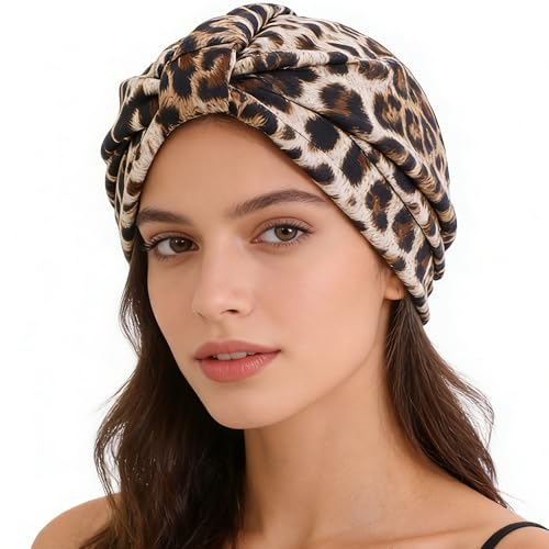 Women's Turban Head Wrap Cancer Chemo Beanies Cap Headwear Cap Bonnet Hair Loss Hat for Sleeping - color: Leopard-khaki