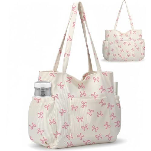 Corduroy Tote Bag for Women,Large Capacity Cute Tote Bags With 6 Pockets,Crossbody Shoulder Handbag for Work Travel Gym - color: Pink Bows