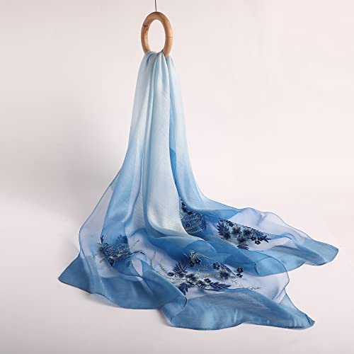 WINCESS YU Women Mulberry Silk Scarf Long & Large Embroidered Floral Pattern Shawl and Wraps Neckerchief for Hair & Neck - color: Gradient Blue
