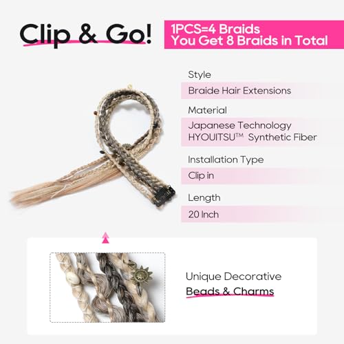 REECHO Clip in Braids for Women, 20" Boho Dreadlock Clip in Braids with Beads & Charms, 2PCS Synthetic Braided Hairpieces for Music Festival Season Cosplay Daily, Ash Blonde & Mixed Brown - color: Ash Blonde & Mixed Brown, size: 20 Inch