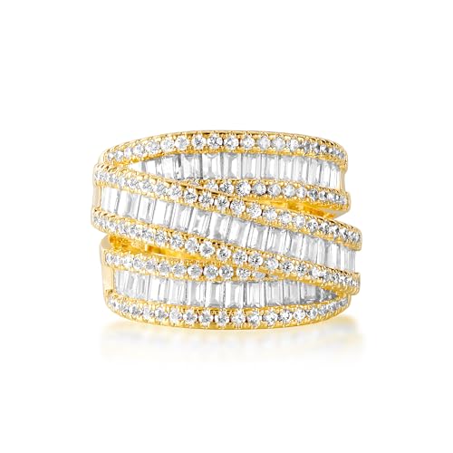 MDFUN 18K White Gold/Yellow Gold Plated Halo Wedding Eternity Ring for Women, 3 Rows Emerald Cut Cubic Zirconia Rings Statement Band Size 5-10 - color: Yellow Gold