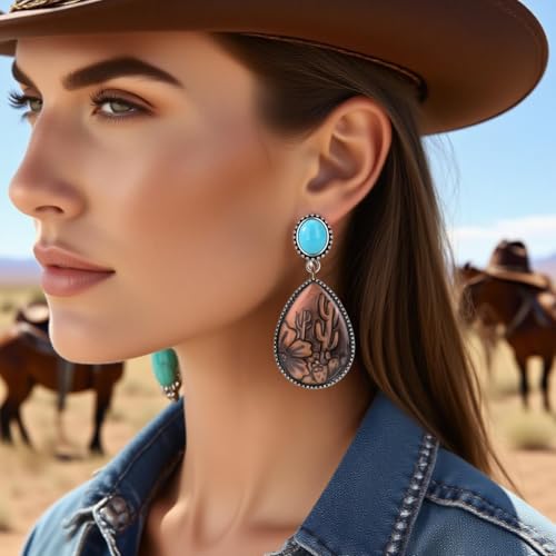 Western Jewelry for Women - Boho Turquoise Jewelry Set with Turquoise Necklace, Earrings, Bracelet & Rings - style: Western Cowboy Style