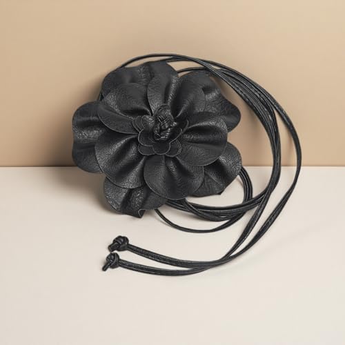 Boho Big Flower PU Leather Waist Belt Chain for Women Rose Floral Camellia Long Tassel Adjustable Waist Band Jewelry - color: Black