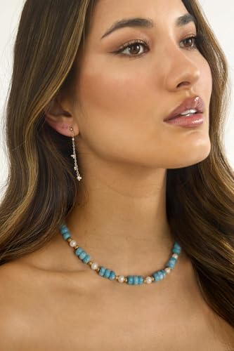CANEVINKA Bohemian Beaded Choker Necklace 18K Gold Plated Bead Pendant Necklace Vintage Handmade Jewelry for Women - style: Blue Beaded Pearl