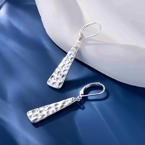 ALEXCRAFT Hammered Silver Dangle Earrings for Women, 14K Gold Plated French Leverback Earrings, Hypoallergenic Lightweight Statement Hammer Square Bar Long Drop Earing for Women Trendy Jewelry Gifts - color: SilverA
