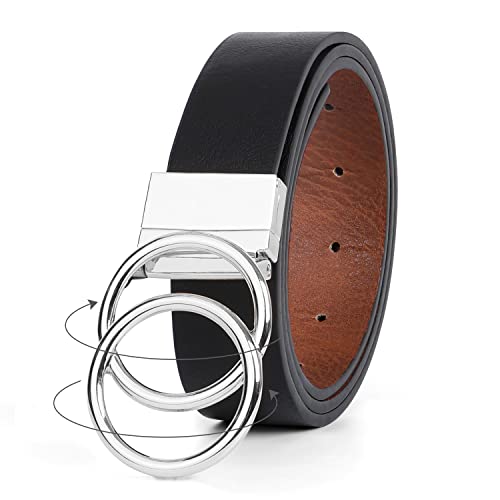 JASGOOD Women Leather Belt,Reversible Belt,Leather Waist Belt for Jeans Dress with Gold Double O Ring Rotate Buckle - color: B-black+brown(silver Buckle), size: Length 37":Fit Size 28"-32"
