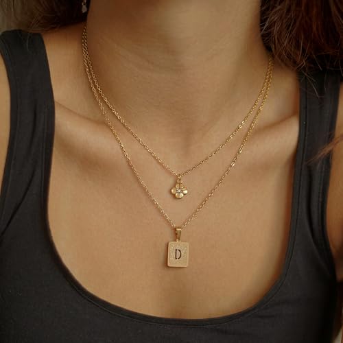 KELORIS PATH Layered Initial Necklaces for Women, 18K Gold Plated Stainless Steel Necklaces Set with Dainty Four Leaf Clover Square Cutout Letter Pendant, Fashion Jewelry for Gifts - style: H Letter
