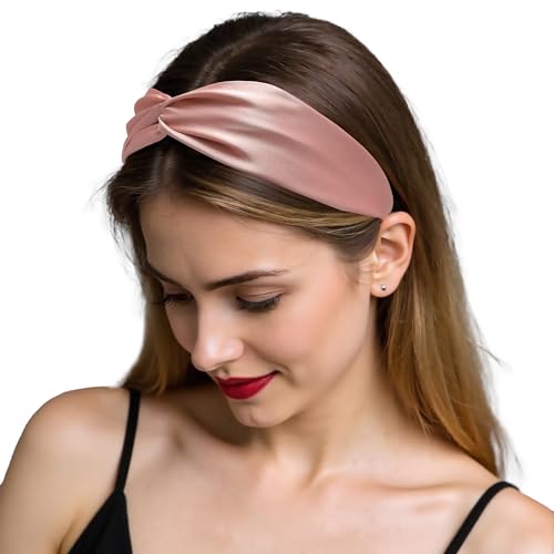 ZLYC Mulberry Silk Headband Elastic Twist Knotted Head Bands for Women's Hair, Solid Luxury Coral - color: Solid Luxury Coral
