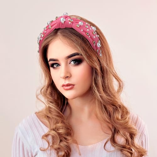 WantGor Pearl Knotted Headband, Women Rhinestone Embellished Hairband Elegant Wide Top Knot Bride Headbands Headpieces Party Fashion Elegant Ladies Hair Band Hair Hoop Accessories (Hot Pink) - color: Hot Pink
