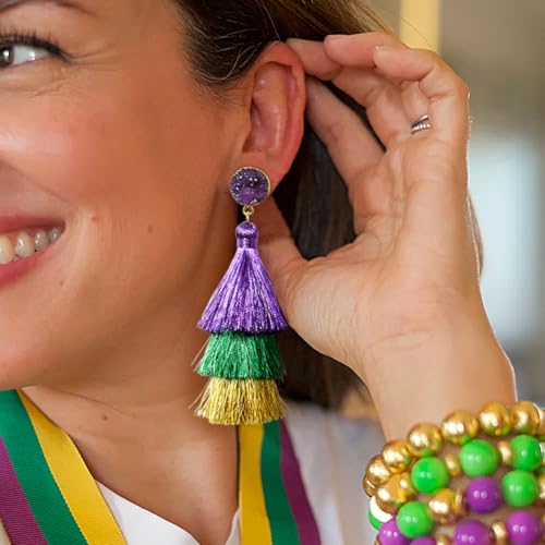 Me&Hz Colorful Layered Tassel Earrings Bohemian Statement Tiered Tassel Big Dangle Drop Earrings for Women Druzy Studs Valentine’s Day Gift - color: Mardi Gras