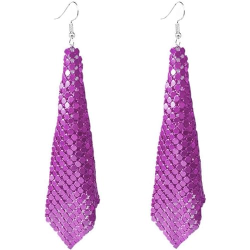 coadipress Metal Mesh Grid Sequins Tassel Long Drop Dangle Earrings for Women Trendy Lightweight Charms Disco Vintage Colorful Long Hook Earrings Bridal Wedding Jewelry - color: Purple