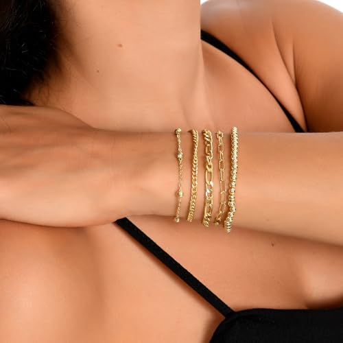 Dainty Gold Bracelets for Women, 14K Gold Plated Stackable Bracelet Set, Adjustable Beaded Cuban Paperclip Herringbone Figaro Snake Rope Chain Jewelry - style: Set5 Gold 5Pcs