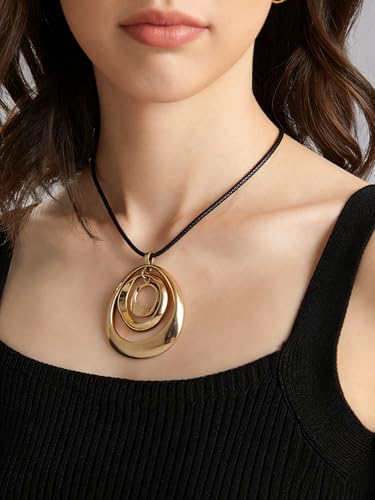 PU Leather Necklace Vintage Boho Style Multilayer Pendant Long Sweater Necklace Jewelry for Women Men with Adjustable Leather Cord - color: Gold Statement Necklace