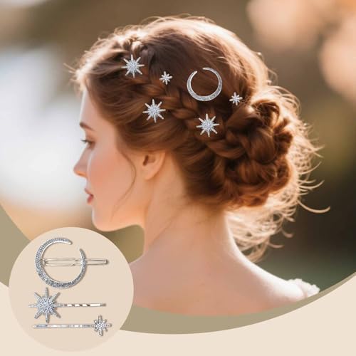 3 Pack Moon Star Hair Clips Gold Celestial Crystal Hairpins Hair Accessories for Women Bridal Wedding Party Festival Boho Style Hair Jewelry