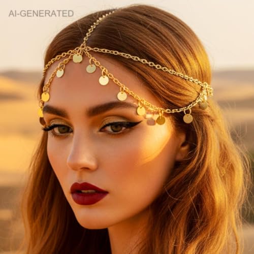 Kilshye Boho Sequin Head Chain Gold Prom Headpiece Hair Chains Festival Costume Headband for Women