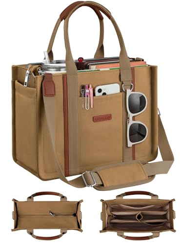 FIORETTO Women’s Canvas Tote Bag Purse with Zipper, Multi Compartment & Reinforced Bottom, Ideal for Work, Bible, Travel - color: Brown, size: Medium, style: Built-in Organizer
