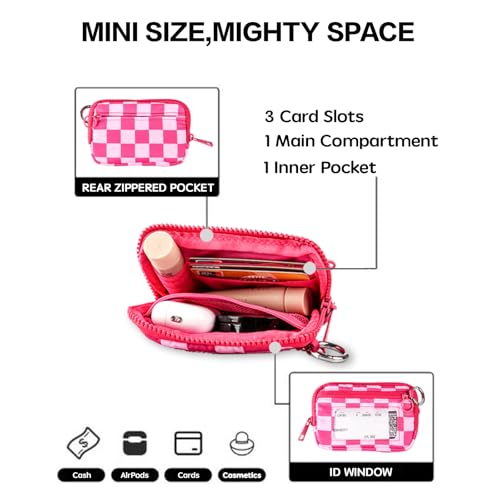 Wristlet Wallet for Women Mini Zip Card Case with Clear ID Window Zipper Coin Purse Lightweight Portable Keychain Wallet - color: Rose Red