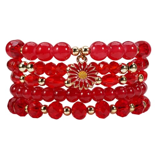 coadipress 5Pcs Bohemian Flower Stackable Bead Bracelets for Women Multilayer Crystal Glass Beaded Charm Bangles Bracelet Boho Summer Beach Hawaii Holiday Statement Jewelry - color: Red