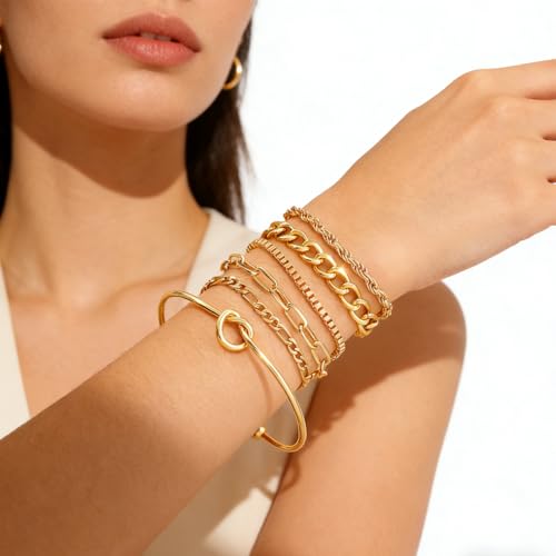 Alegend Titanium Steel (Not Rust, Resist Corruption, Easily Clean) 18K Gold Plated Single Bracelets + 14K Gold Plated Stackable Multilayer Bracelets - style: 14K Gold Plated Six-Layered
