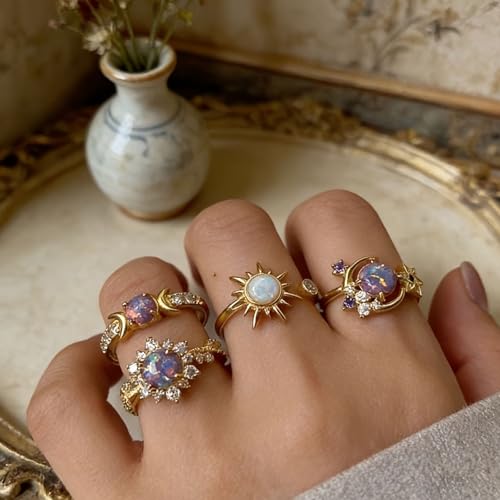 Gold Rings for Women Non Tarnish Stackable Rhinestone Moon Star Rings Dainty Stacking Pearl Butterfly Midi Pinky Thumb Joint Finger Knuckle Ring Set Gold Non Tarnish Jewelry Gifts Trendy Stuff - color: U Gold Moon Sun Rings 4Pcs