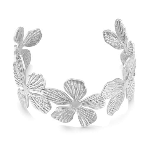 WOWORAMA Chunky Gold Cuff Bracelets for Women Vintage Gold Flower Butterfly Bracelet Trendy Boho Wide Open Cuff Bangles Matte Statement Bracelet - color: Silver Flower