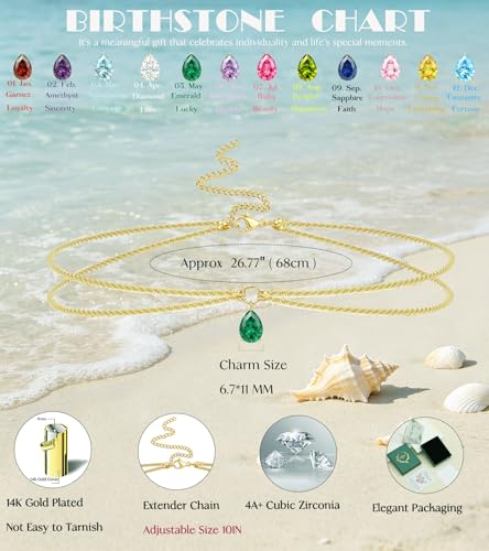 Birthstone Waist Chain for Women 14K Gold Plated Body Chain Adjustable Layered Belly Belt Chains Sparkle Beach Waist Beads Summer Bikini Waterproof Jewelry Accessories for Women Sexy - color: 05. May(Emerald)