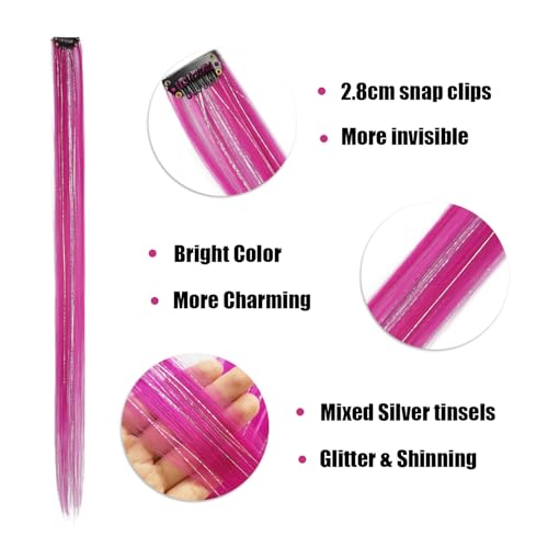 12pcs Clip in Pink Purple Hair Extensions, 22 Inch Rainbow Hair with Silver Tinsels,Colorful Holiday Party Highlights for Women - color: Rose Purple