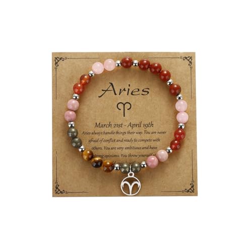 Zodiac Natural Stone Bracelet – Handmade Crystal Healing Bracelet with Zodiac Charm – Adjustable Beaded Jewelry Gift for Women Men Girls - color: Aries