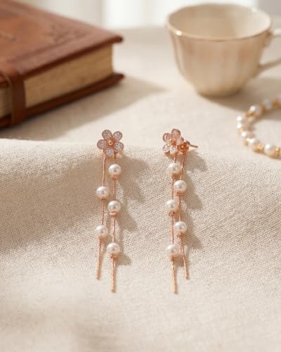 MUMREUES Gold Earrings for Women Trendy 14k Gold Plated Cubic Zirconia Flower Dangle Earrings Hypoallergenic Dainty Pearl Drop Chain Earrings Jewelry Gifts for Her - color: Flower & Rose Gold
