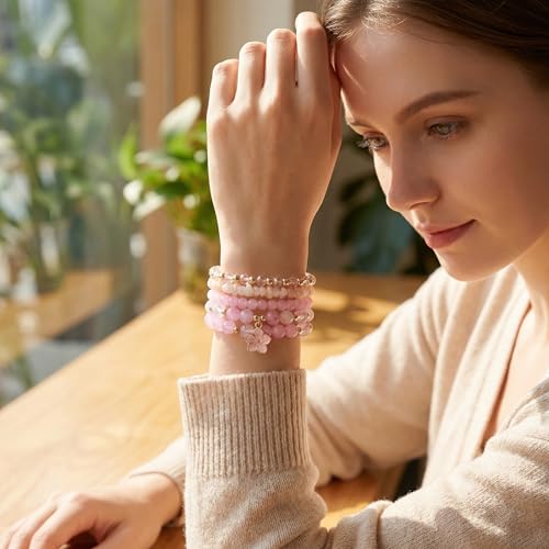 LOTSOF Boho Flower Beaded Bracelet Set for Women - Multilayer Crystal & Flower Charm Stackable Bracelets, Fashion Jewelry Gift for Her - color: Pink