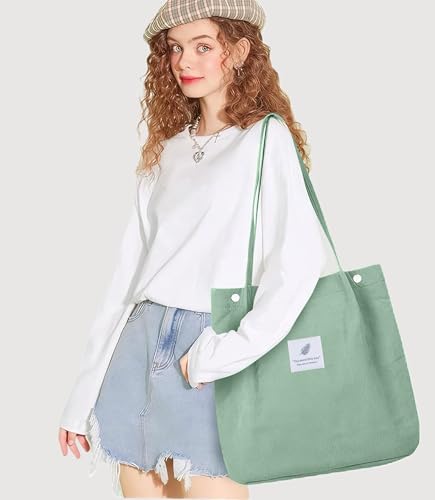 Corduroy Tote Bag for Women Small Canvas Shoulder Purse Cord Handy Bag with Inner Pocket | with Front Pocket - color: 02 Pea Green