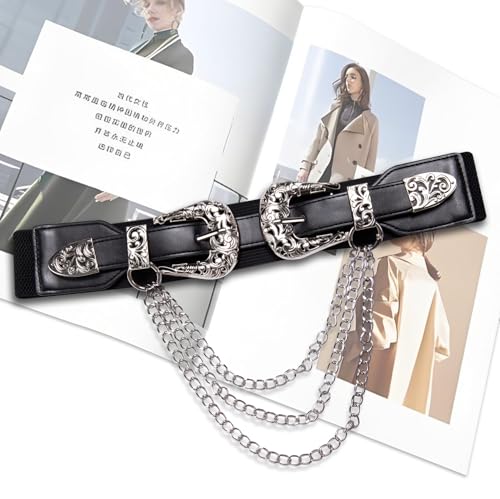 Dubulle Womens Belt Chain Leather Belts Vintage Western Adjustable Elastic Double Buckle for Cowboy Pant Dress - color: Silver Black