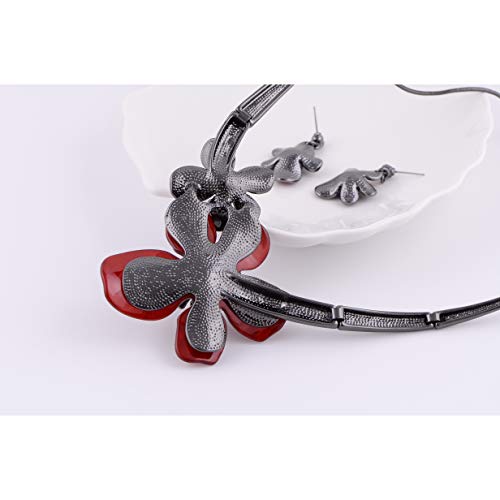 AMYJANE Vintage Statement Jewelry Set - Spring Leaf Flower Floral Plant Necklace Earring Set Crystal Rhinestone Fashion Costume Jewelry for Women Prom Party Unique Gift - style: 2 Flower Jewelry Set Red